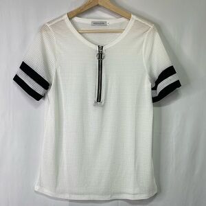 🪥 MissLook White short sleeve zip front pop over top  black sleeve detail